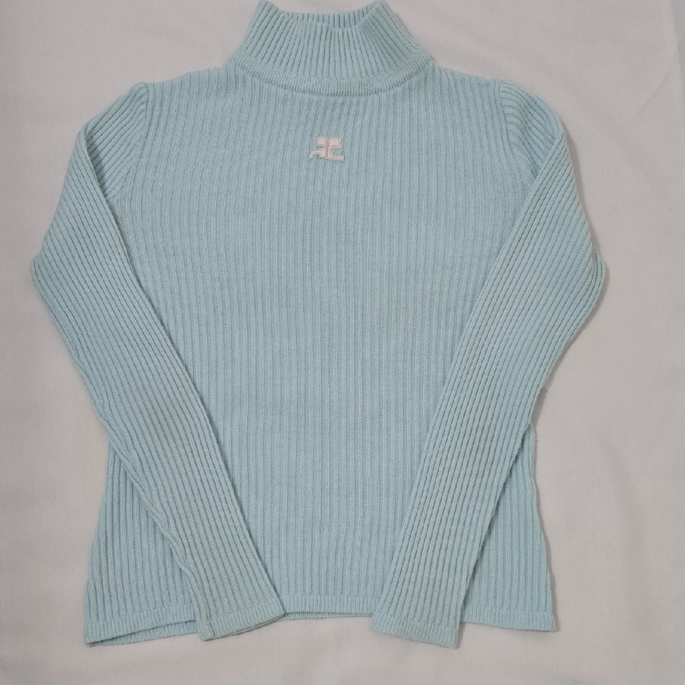 COURREGES PARIS Light Blue Ribbed‎ Turtleneck Sweater XS